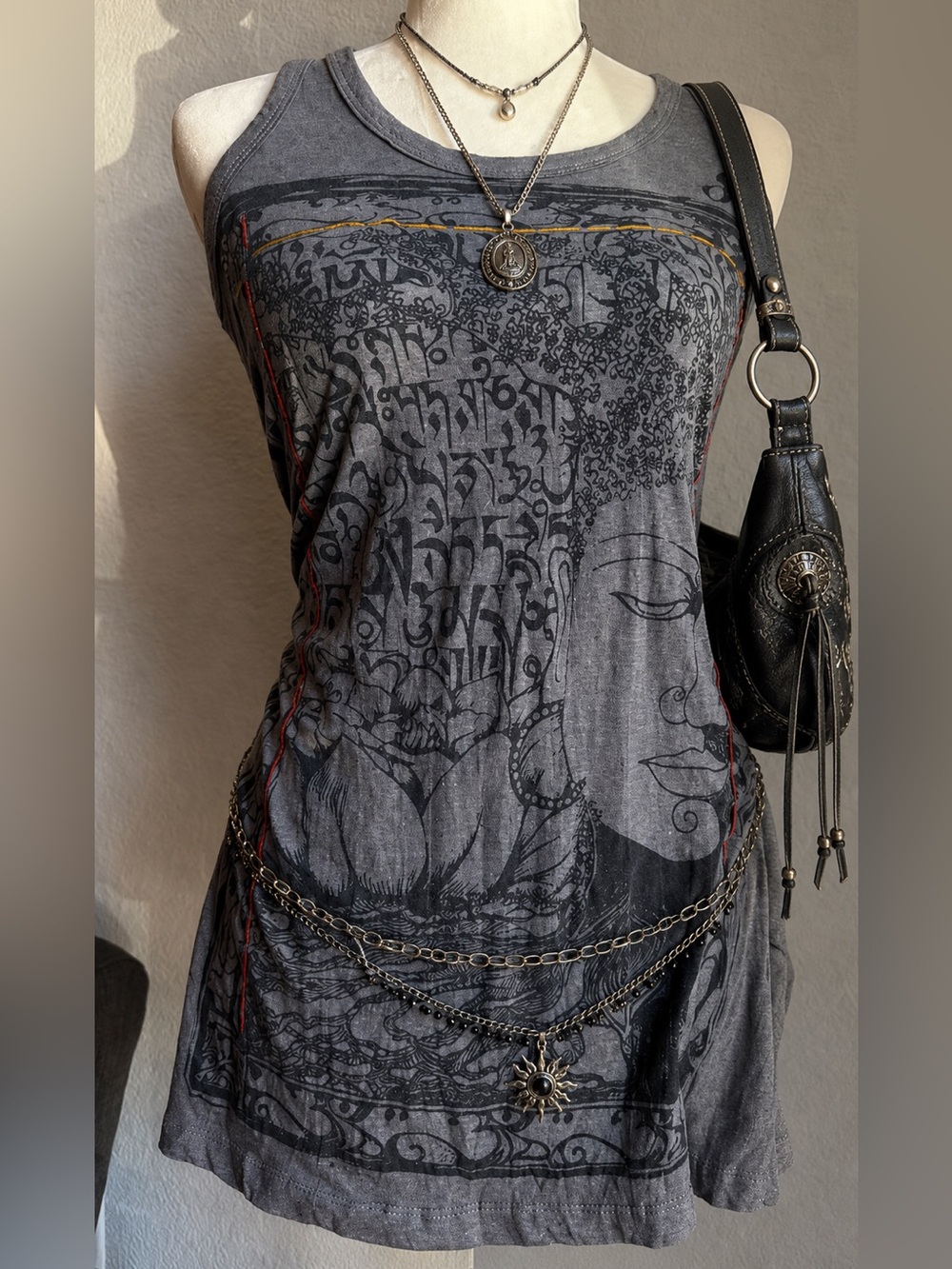 Sure Vintage Buddha Graphic Tank Top Gray Boho Festival 100% Cotton S